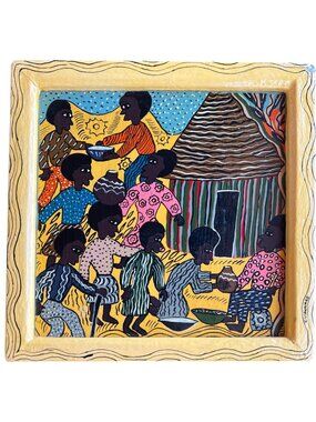 Signed K. Magwaro Oil Painting "Enjoying Life At Home" Painted Frame Folk Art